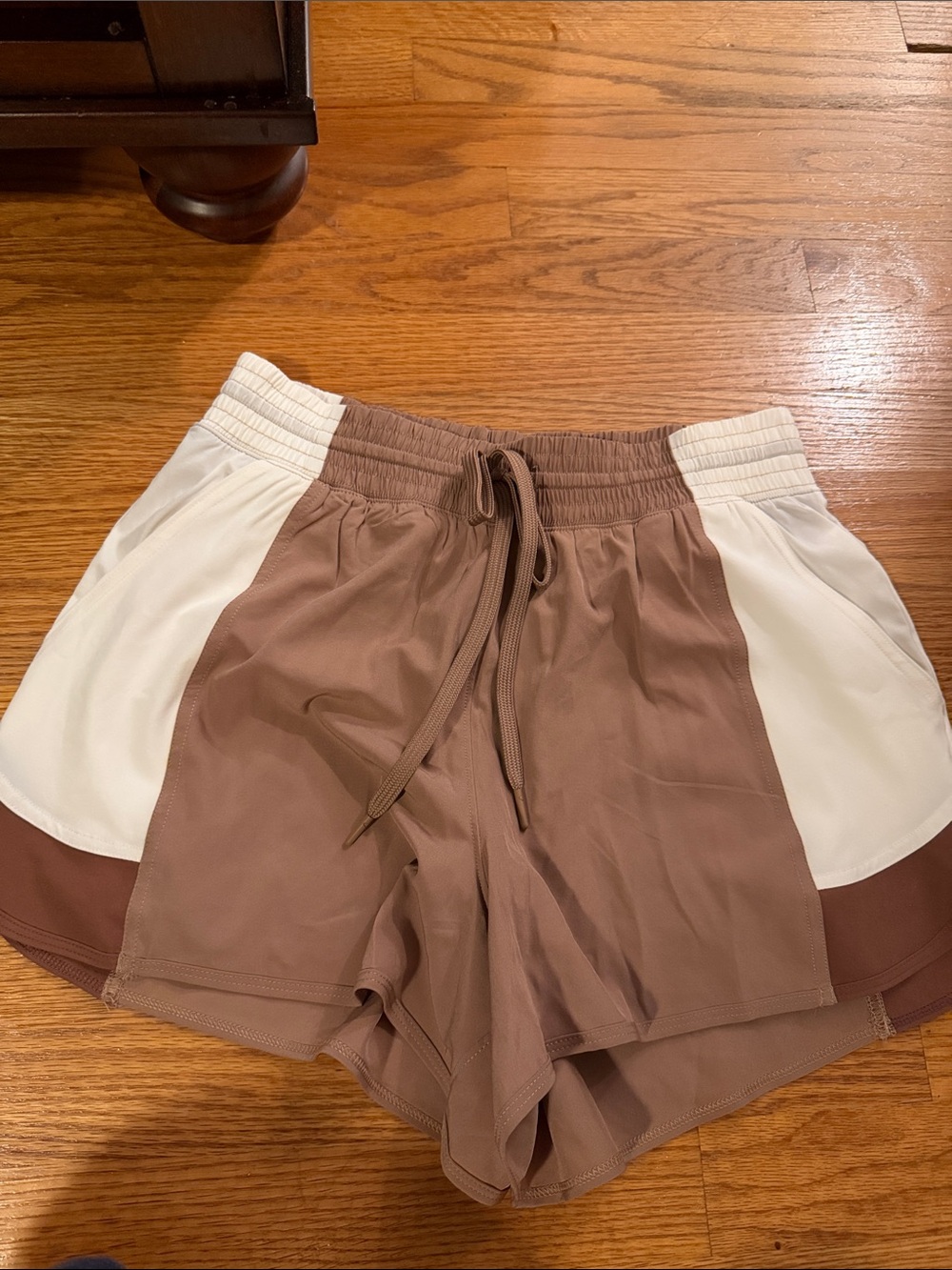 Women's Tan and White Athletic Shorts with Drawstring Waist